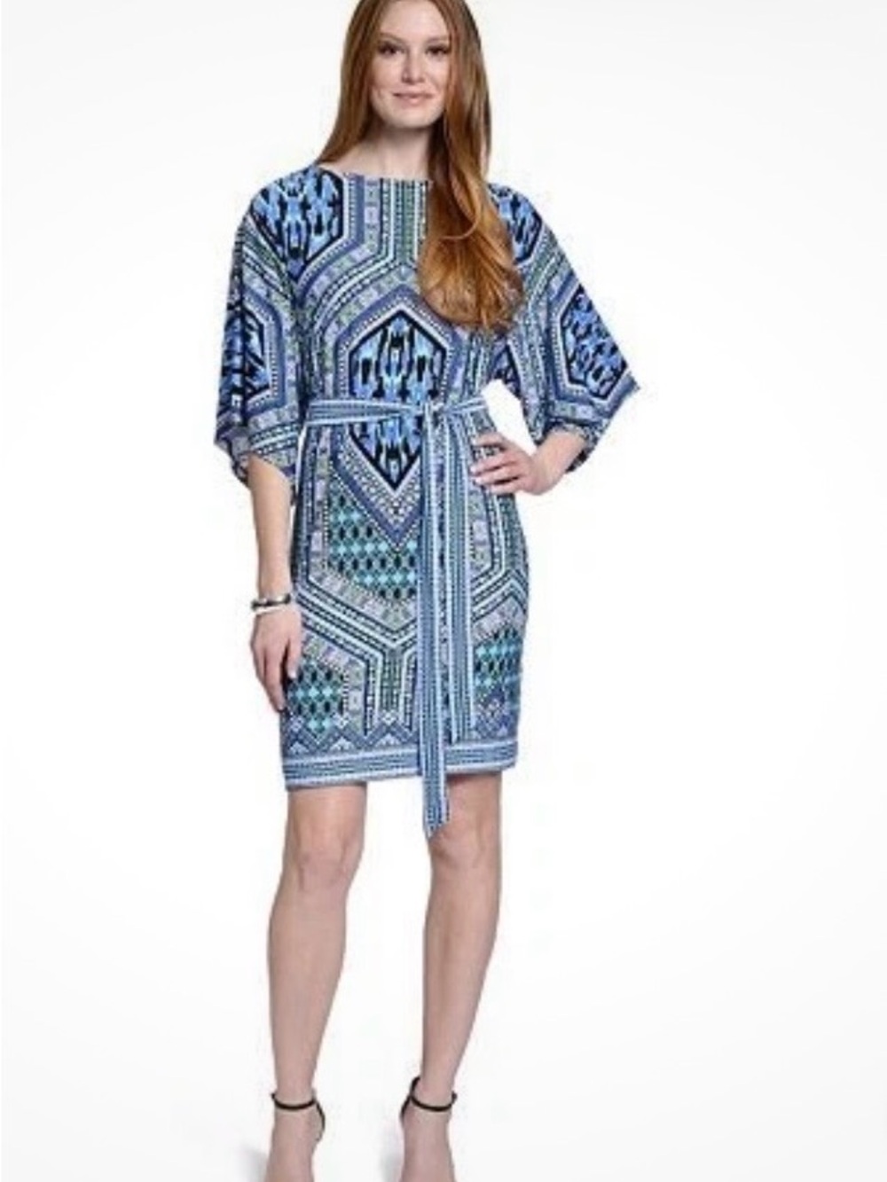 beige by eci. Blue Geometric Belted Women’s Dress